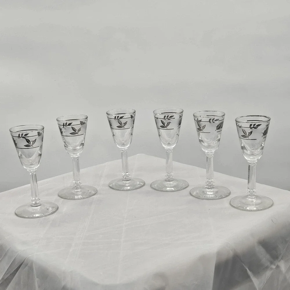 Set of 6 Clear Cordial Shot Glasses Silver Leaf Etched‎ Design